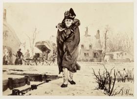 Gerichtsrat Walther kommt, in seinen Mantel gehüllt, nach vorn. Hinten sein ausgeschirrter Reisewagen, zu Heinrich von Kleist "Der zerbrochene Krug"