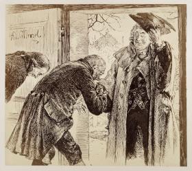 Gerichtsrat Walter tritt, freundlich den Hut lüftend, von rechts zur Tür herein, von Adam und Licht untertänig begrüßt, zu Heinrich von Kleist "Der zerbrochene Krug"