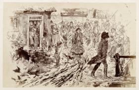 Die alte Brigitte kommt mit Adams Perücke auf der Dorfstraße heran, von Neugierigen gefolgt. Der Schreiber Licht betritt von links die Brücke, zu Heinrich von Kleist "Der zerbrochene Krug"