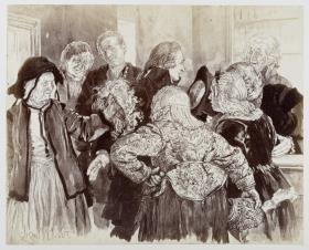 Die alte Brigitte mit der Perücke im Gerichtszimmer. Licht drängt sich mit dem Hut in der Hand durch die Parteien, um die Alte dem Gerichtsrat vorzustellen, zu Heinrich von Kleist "Der zerbrochene Krug"