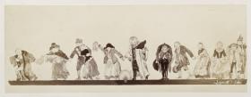 Schlussvignette. Die Personen des Stückes ziehen an der Bühnenrampe entlang unter Verbeugungen nach rechts vorbei, zu Heinrich von Kleist "Der zerbrochene Krug"
