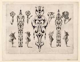 Schweifwerk, schwarz auf weiß, daneben Figuren und Blumen