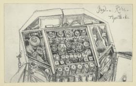 Blick von oben in den geöffneten Jagd- und Arbeitstisch Kurfürst Johann Georgs I. von Sachsen, Historisches Museum, Dresden