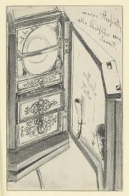 Blick in das leicht geöffnete rechte Seitenteil des Jagd- und Arbeitstisches Kurfürst Johann Georgs I. von Sachsen, Historisches Museum, Dresden