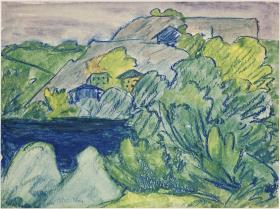 Landschaft mit Häusern am See