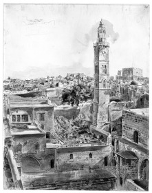 Nordostseite des Tempelplatzes in Jerusalem, vor dem Minarett der Schafteich und die Kirche der hl. Anna, rechts die Zionshöhe