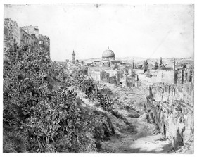Blick vom Zionsberg auf die Südwestecke des Tempelplatzes und der Omar-Moschee in Jerusalem