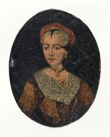 Porträt einer Frau mit Schnebbenhaube, Halsschmuck und Spitzenkragen