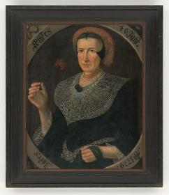 Porträt einer Frau mit Haube, Augsburger Spitzenkragen und einer Nelke in der Hand