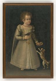 Porträt eines Kindes in gefüttertem Kleid, mit einem Hund und einem Vogel