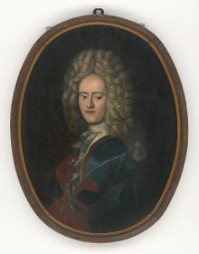 Porträt eines Herrn in blauem Cape, Jabot und Allongeperücke