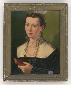 Porträt einer Frau mit Flechtfrisur und einem Buch in der Hand