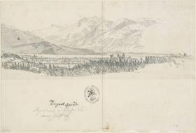 Ansicht einer kleinen Ortschaft, am See gelegen, im Hintergrunde Gebirge. Rechts ist die Zeichnung nicht mehr durchgeführt