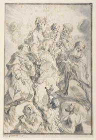 Madonna mit Heiligen auf Wolken, neigt sich zu drei vom Höllenfeuer Verzehrten. Sie reicht einem der Verdammten einen Rosenkranz
