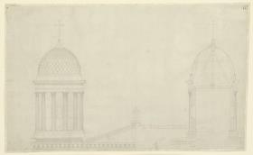 Entwurf für die Kirche St. Nikolai, Potsdam, zwei Türme, links mit halben Giebel, rechts im Schnitt