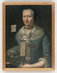 Porträt einer Frau mit dunkler Haube, Fichu und Fächer