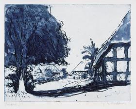 Fehmarnhäuser mit großem Baum
