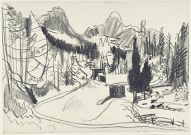 Waldlandschaft bei Davos (Blick ins Sertigtal mit Mühle Sertig)