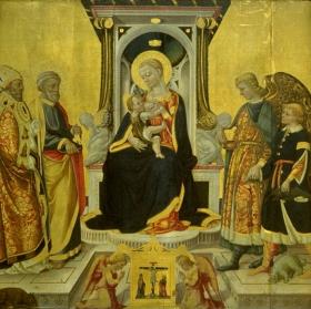 Thronende Maria mit dem Kind und den Heiligen Remaklus, Petrus, dem Erzengel Raphael und dem jungen Tobias