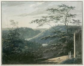 Landschaft mit Wasserfall und Tempel