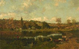 Landschaft mit Angler und Kühen am Dorfteich