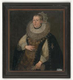 Porträt einer Frau mit Halskrause und Perlenhaube
