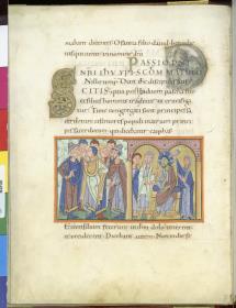 Evangelistar Heinrichs IV. (?), Zwei Szenen: links die sich beratenden Juden, rechts die Salbung in Bethanien