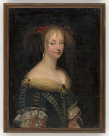 Porträt einer Frau in Kleid mit Coiffure à l'Hurluberlu