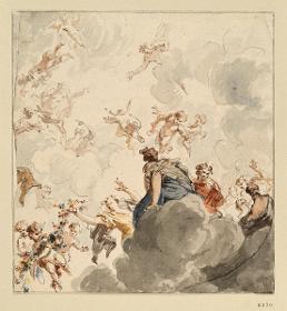 Deckenentwurf mit auf Wolken sitzenden weiblichen Figuren und Amoretten mit Blumen in den Lüften
