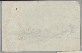 Landschaft mit Dorf am Wasser und Segelboot