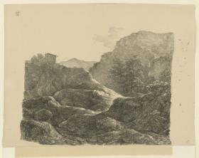 Gebirgslandschaft mit kahlen Felsen, links eine Hütte