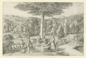 Bewaldete Landschaft mit Landvolk und Herde am Brunnen