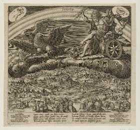 Jupiter im Wagen auf Wolken über die Welt fahrend
