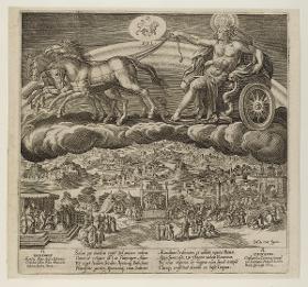 Sol im Wagen auf Wolken über die Welt fahrend