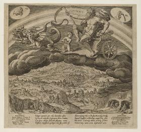 Saturnus im Wagen auf Wolken über die Welt fahrend