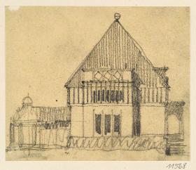 Darmstadt, Oberhessisches Haus, Vorentwurf, Skizzenblatt mit Aufriss der Westfassade