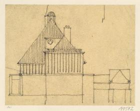 Darmstadt, Oberhessisches Haus, Vorentwurf, Skizzenblatt mit Aufriss der Ostfassade