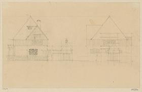 Darmstadt, Oberhessisches Haus, Vorentwurf, Skizzenblatt mit Aufrissen der Ost und Nordfassade