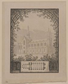 Neugotische Kirche durch einen Spalierbogen gesehen