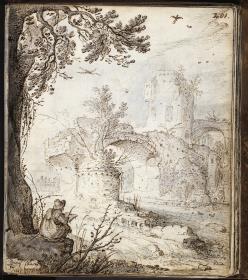 Flusslandschaft mit verfallener Brücke und einem Zeichner. Aus dem Stammbuch Gottfried Müller