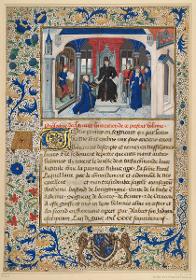Der Autor überreicht sein Werk dem Grand Batard de Bourgogne. Blatt aus einer Prachthandschrift