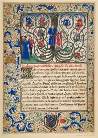 Stammbaumdarstellung in der Art der Wurzel Jesse. Blatt aus einer Prachthandschrift