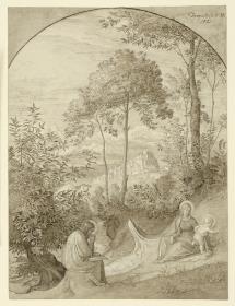 Landschaft von Olevano, im Vordergrunde die heilige Familie