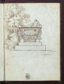 Sarkophag mit Inschrifttafel über liegenden Löwen, Viktorien an den Ecken und einem lagernden Jüngling auf dem Deckel