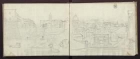 Santa Maria in Aracoeli und das Kapitol in Rom & Eine lagernde Flussgottheit & Fußfragment von einer Skulptur & Ein Löwenkopf & Blick vom Kapitol in Rom nach Osten auf das Forum mit dem Triumphbogen des Septimus Severus