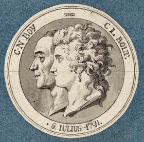 Vorderseite einer Medaille zur Hochzeitsfeier des Ehepaares Boy. Profilporträt des Ehepaares nach links