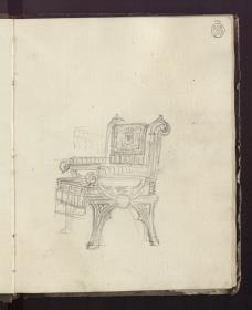 Berlin. Schloss, Wohnung des Kronprinzen Friedrich Wilhelm IV. von Preußen, Erasmuskapelle. Einrichtung zum Arbeitszimmer des Kronprinzen. Studie zu einem Sessel für das Arbeitszimmer