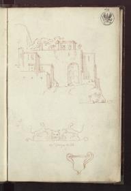 Haus und Untermauerung eines Terrassengartens mit Lauben an einer Küste & Ornament: Silenkopf mit zwei kleinen Panthern & Ein Krater