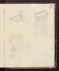 Ein Giebel mit der Zahl 1816 & Fassade eines mehrgeschossigen Hauses & Bogenkonstruktion