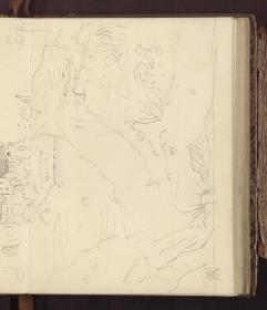 Felslandschaft mit einer Gebäudegruppe vor Altrani bei Amalfi